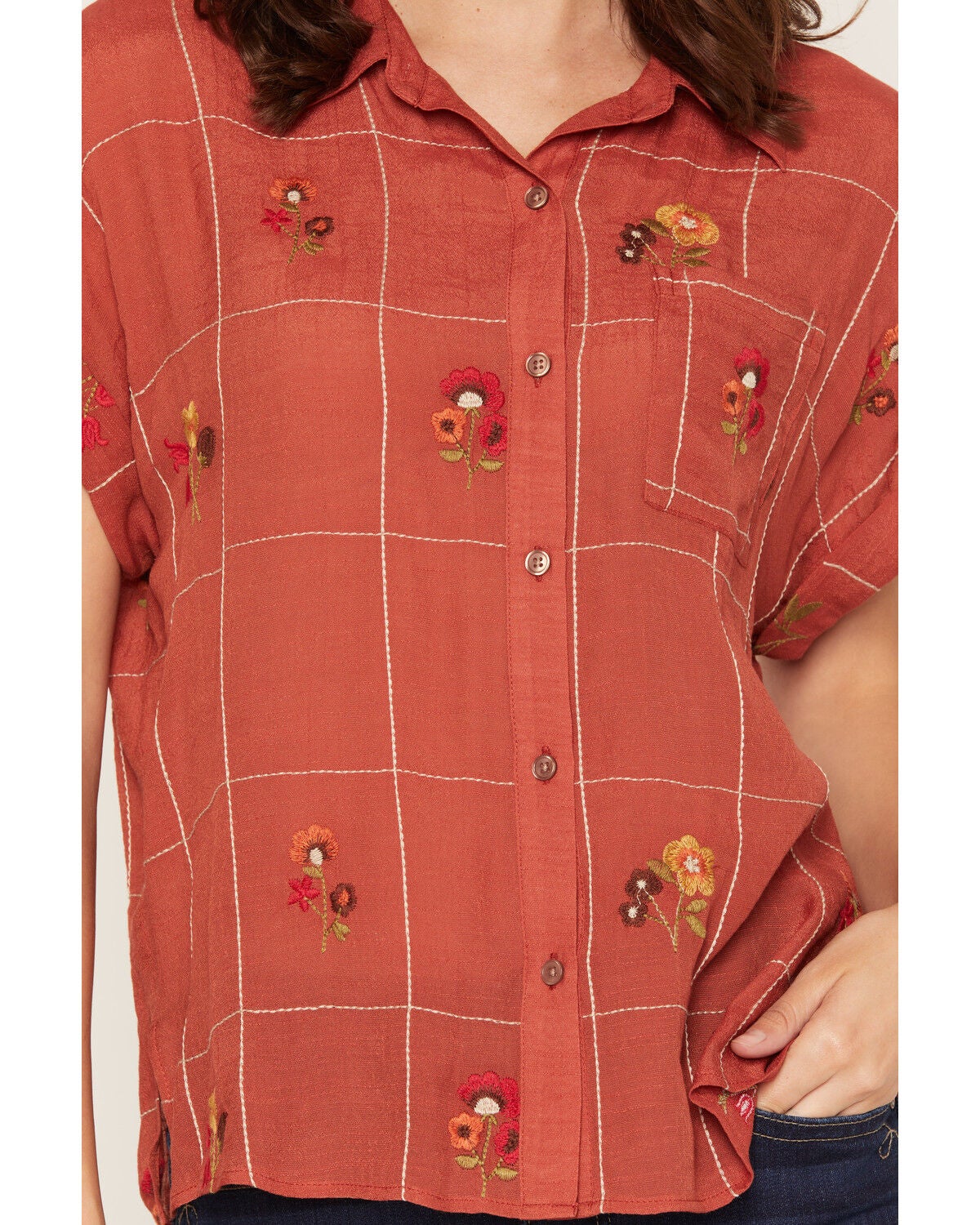 Image #3 - Olive Hill Women's Boot Barn Exclusive Floral Embroidered Short Sleeve Button-Down Western Shirt, Rust Copper, hi-res