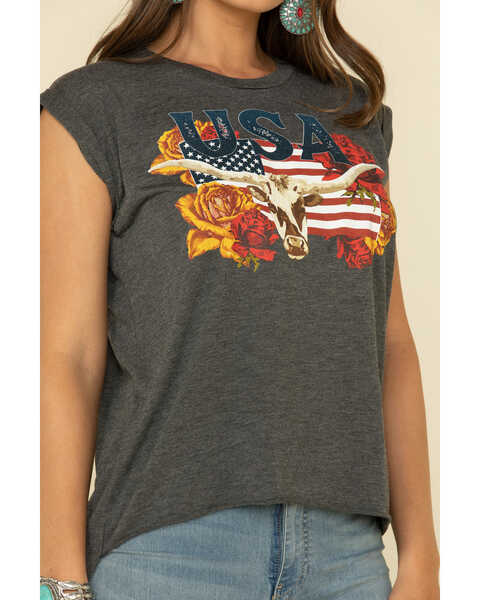 Rodeo Quincy Women's Charcoal USA Steer Graphic Muscle Tee , Charcoal, hi-res