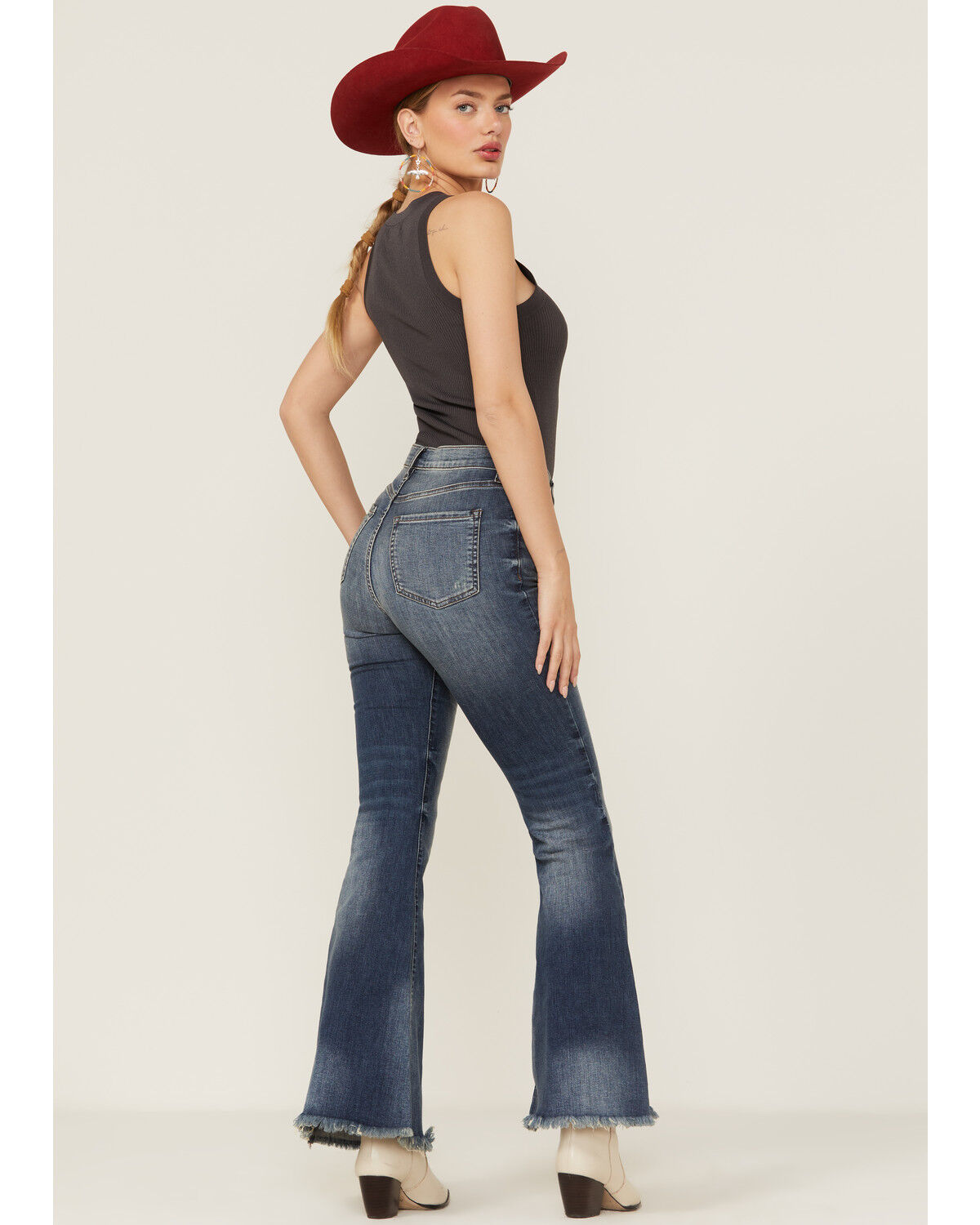 Image #3 - Sneak Peek Women's Vintage High Rise Raw Hem Dark Flare Jeans, Blue, hi-res