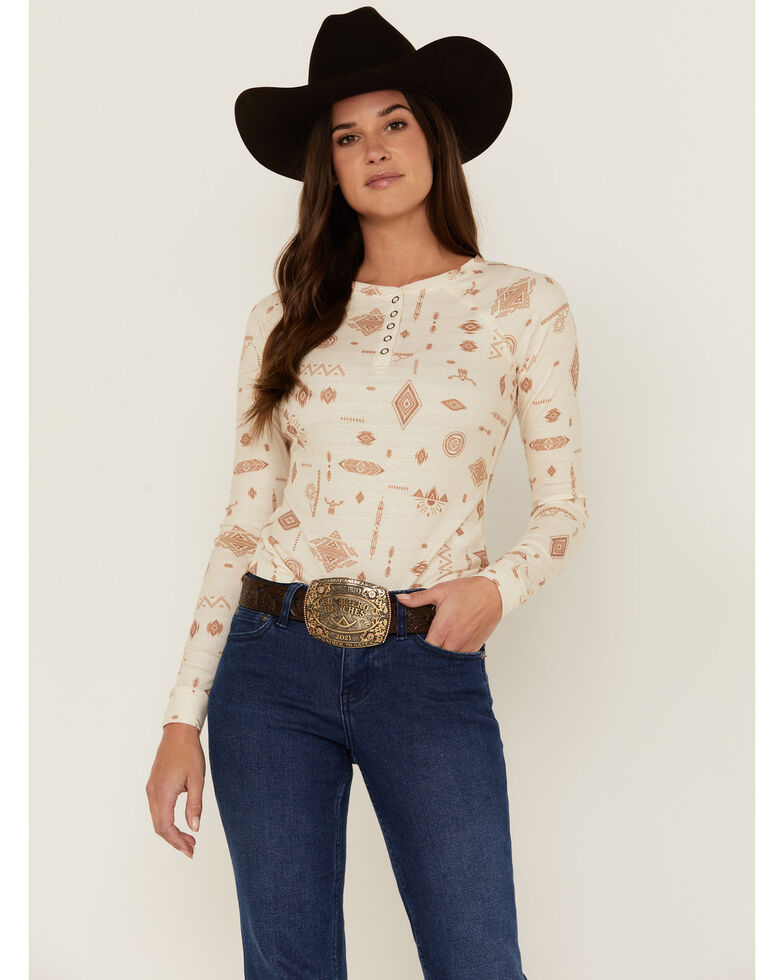 Rank 45 Women's Southwestern Toss Print Thermal Henley Top, Ivory, hi-res