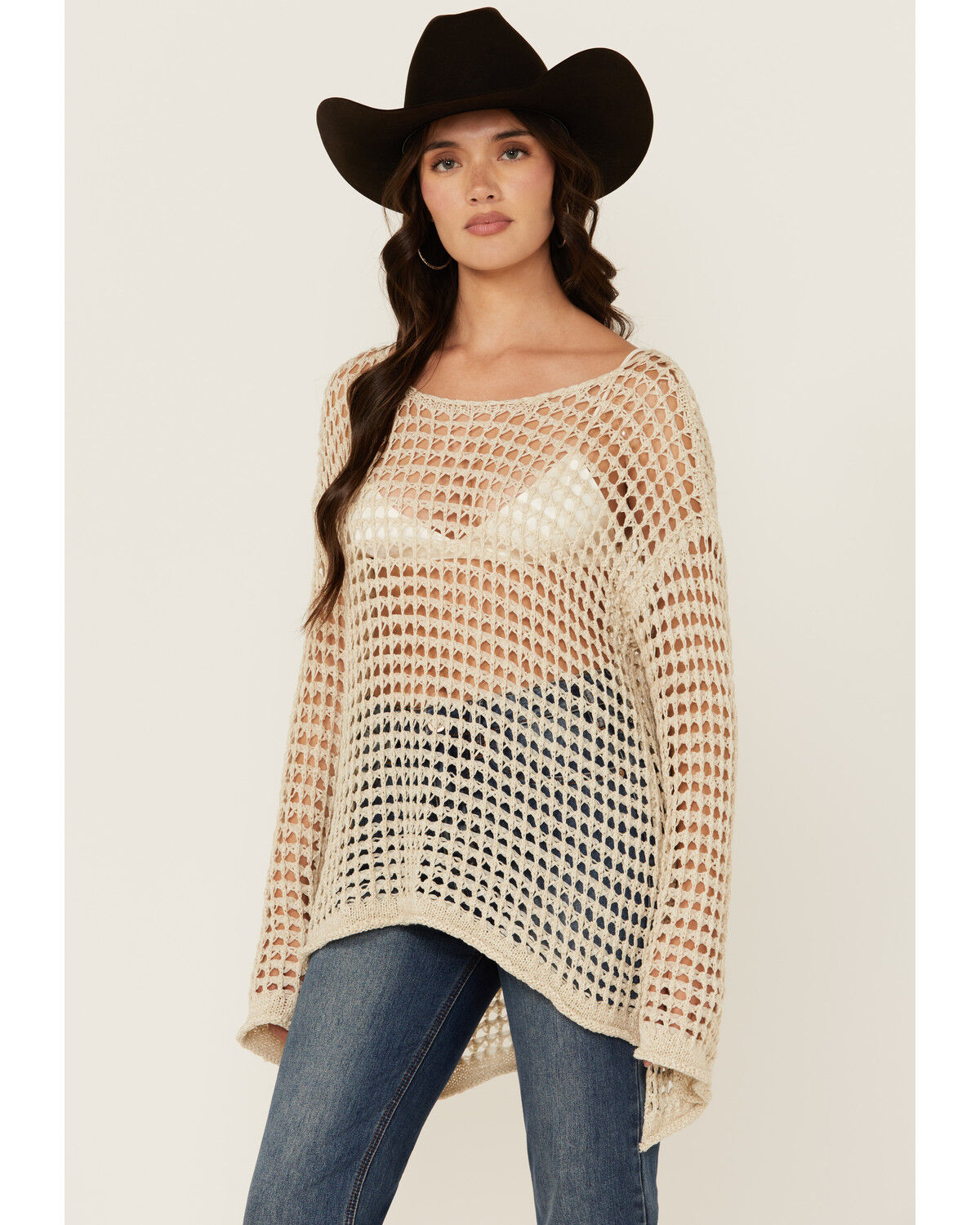 Image #1 - POL Women's Open Crochet Long Sleeve Sweater, Natural, hi-res