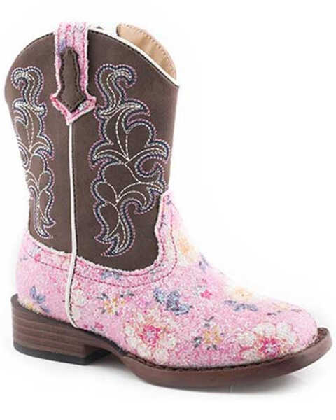 Image #1 - Roper Toddler Girls' Glitter Flower Western Boots - Square Toe, Pink, hi-res
