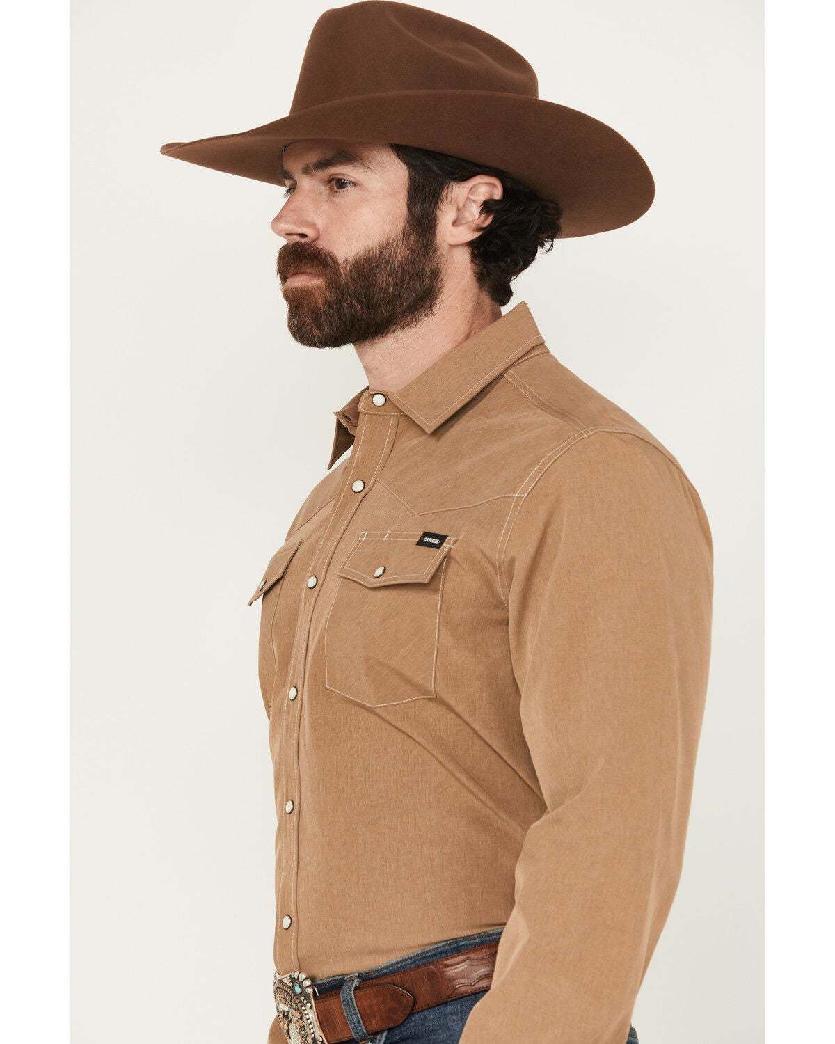 Image #3 - Cinch Men's Solid Arenaflex Long Sleeve Snap Western Performance Shirt, Brown, hi-res