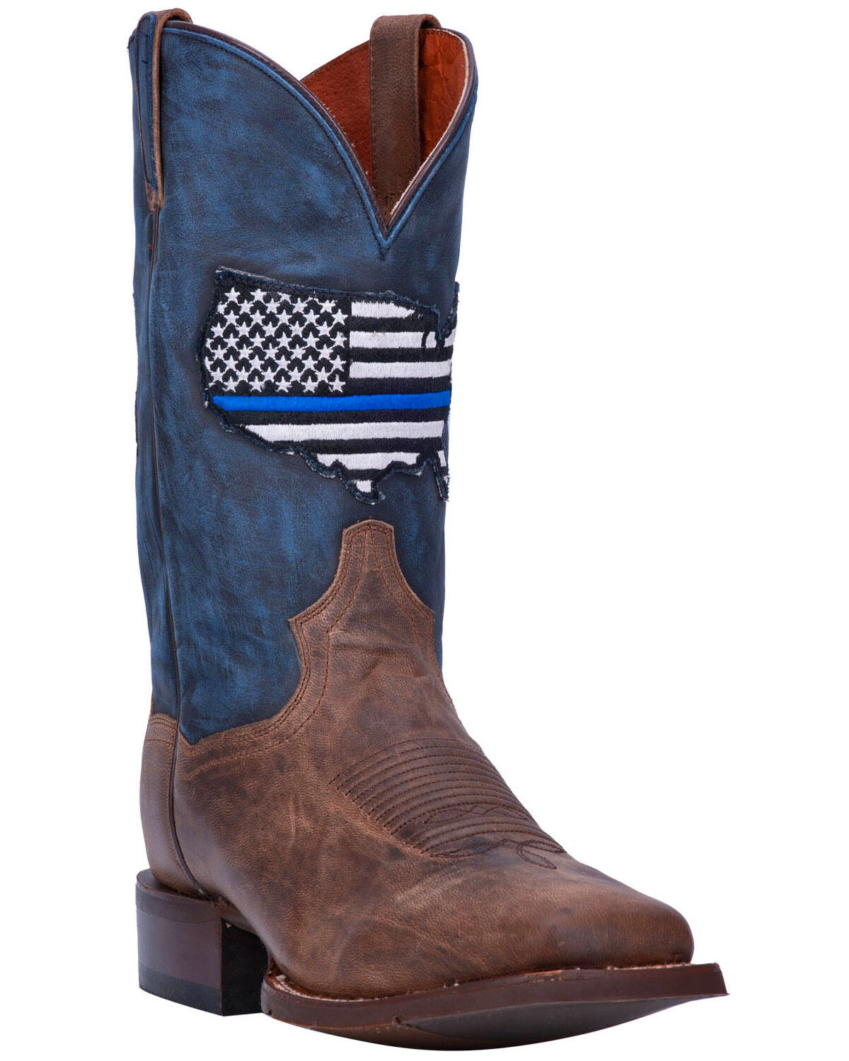 Image #1 - Dan Post Men's Thin Blue Line Flag Patch Western Boots - Broad Square Toe, Brown, hi-res