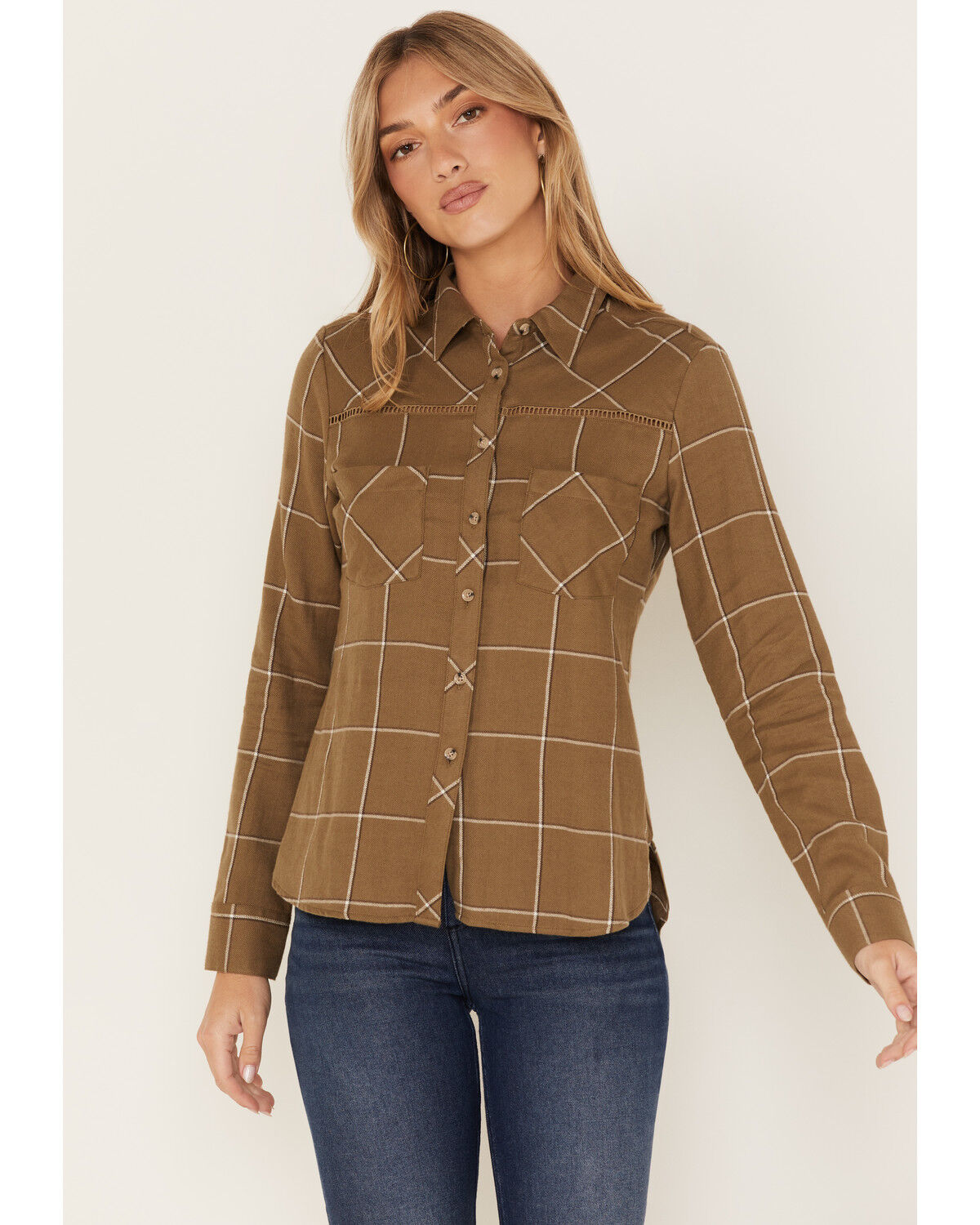 Image #1 - Shyanne Women's Plaid Print Long Sleeve Flannel Button-Down Shirt, Olive, hi-res