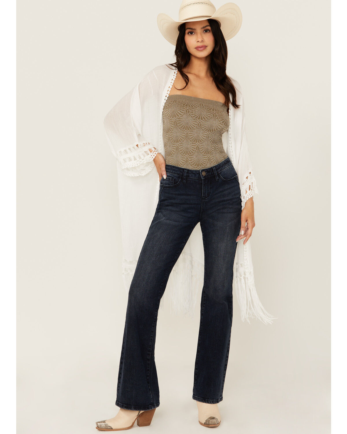 Image #1 - Shyanne Women's Crochet Fringe Kimono, Cream, hi-res