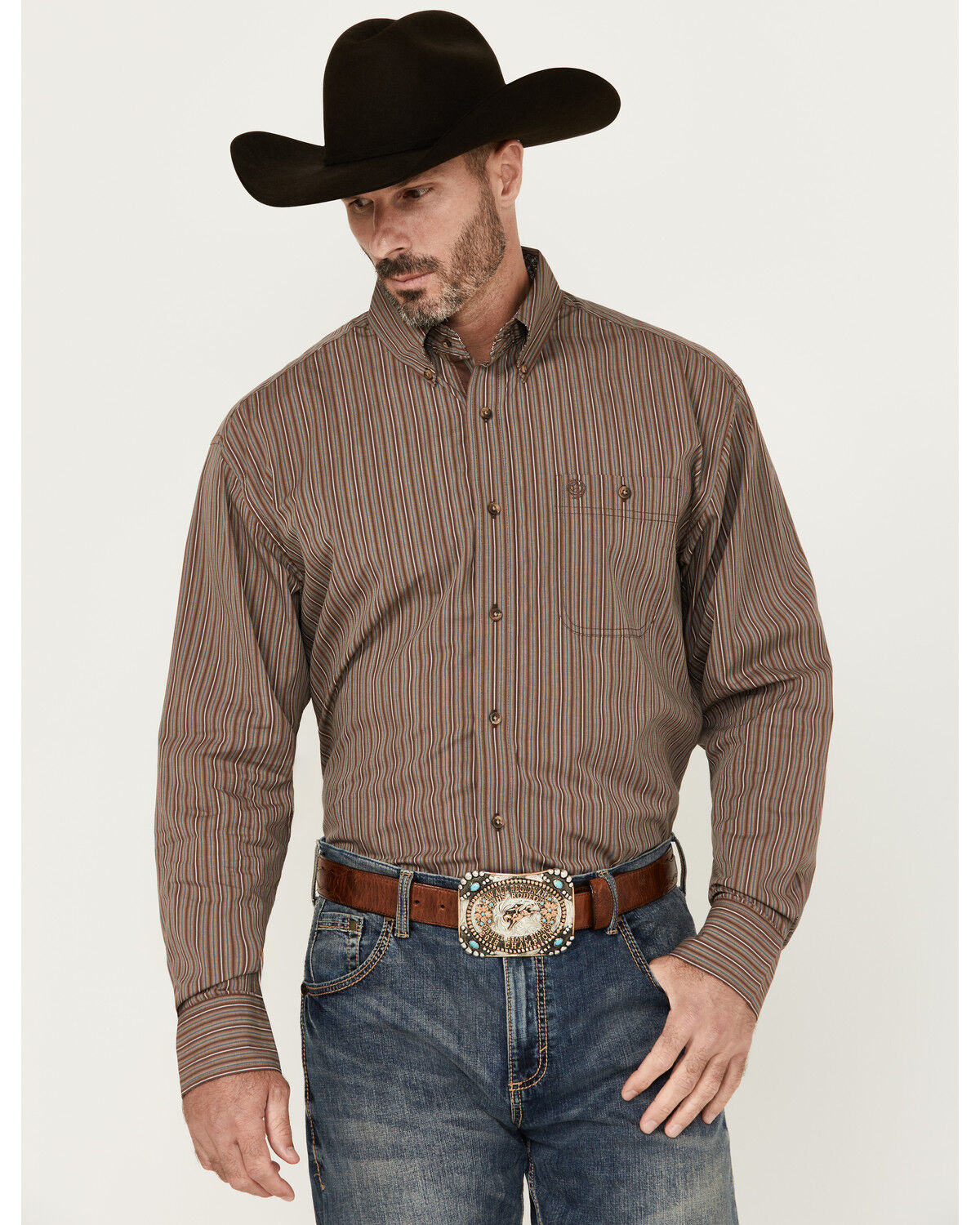 Image #1 - George Strait by Wrangler Men's Striped Print Long Sleeve Button-Down Stretch Western Shirt, Dark Brown, hi-res
