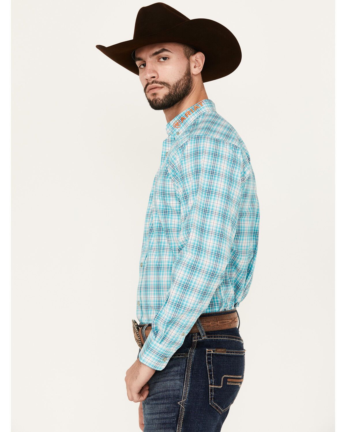 Image #2 - Ariat Men's Vincent Plaid Print Logo Long Sleeve Button-Down Western Shirt, Turquoise, hi-res