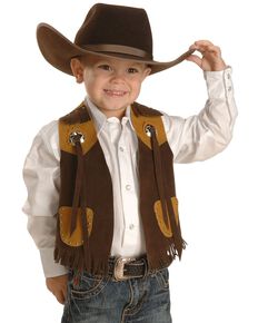 M & F Western Boys' Brown Faux Suede Cowboy Vest, Brown, hi-res