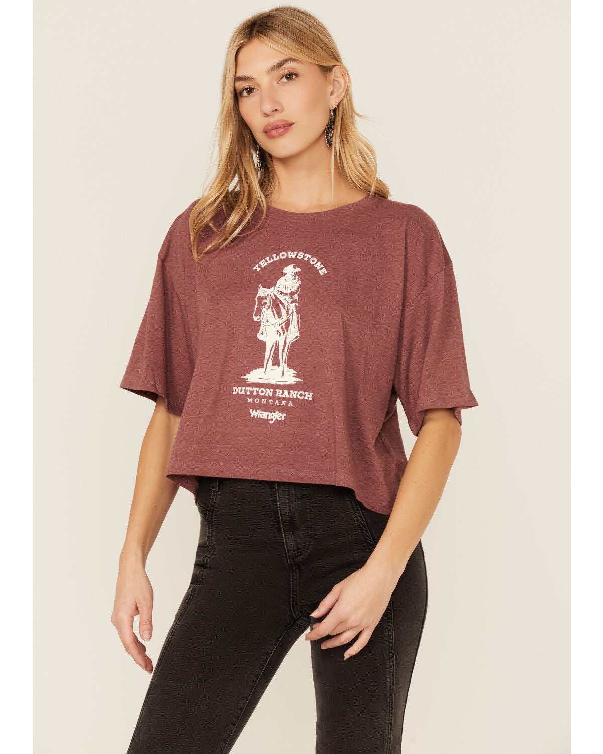 Wrangler Women's Yellowstone Horse Graphic Crop Tee, Burgundy, hi-res