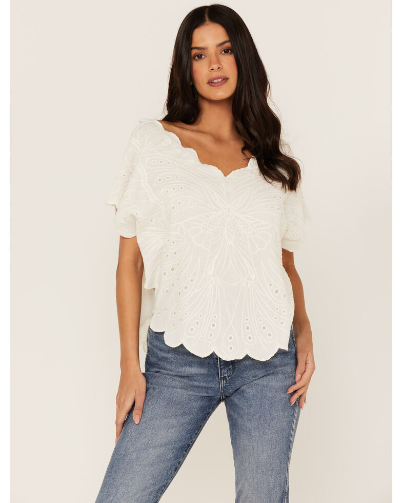 Talisman Women's Flutterby Blutterfly Lace Short Sleeve Top, White, hi-res