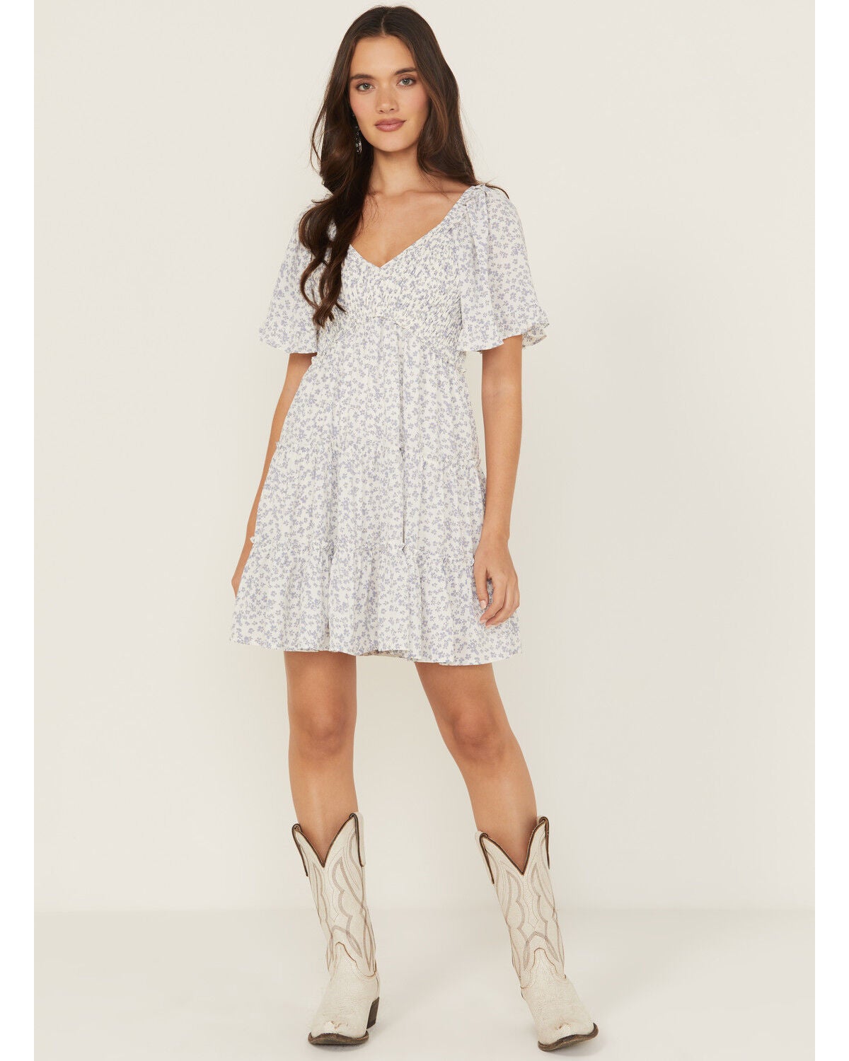 Yura Women's Floral Print Short Sleeve Tiered Mini Dress, Blue, hi-res