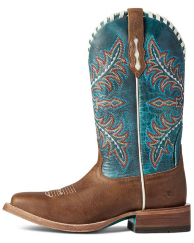 Ariat Women's Natural Tan & Deep Turquoise Eldora Full-Grain Western Boot - Wide Square Toe  , Brown, hi-res