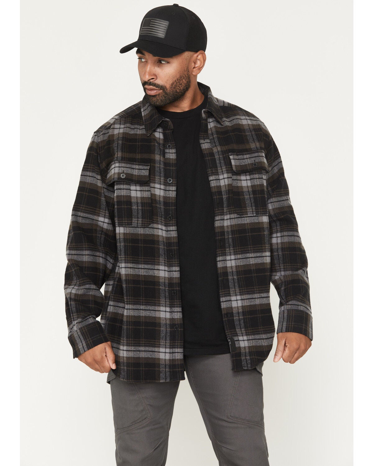 Image #1 - Thorogood Men's Heavyweight Plaid Print Long Sleeve Button-Down Flannel Shirt, Black, hi-res