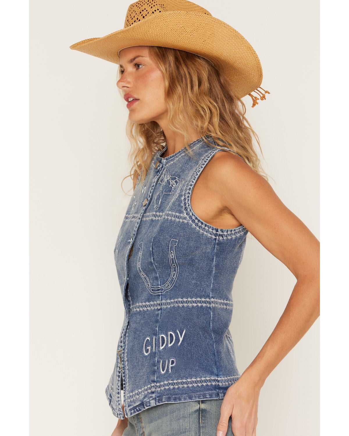 Image #2 - Blue B Women's Boot Barn Exclusive Embroidered Western Motif Denim Top, Medium Wash, hi-res