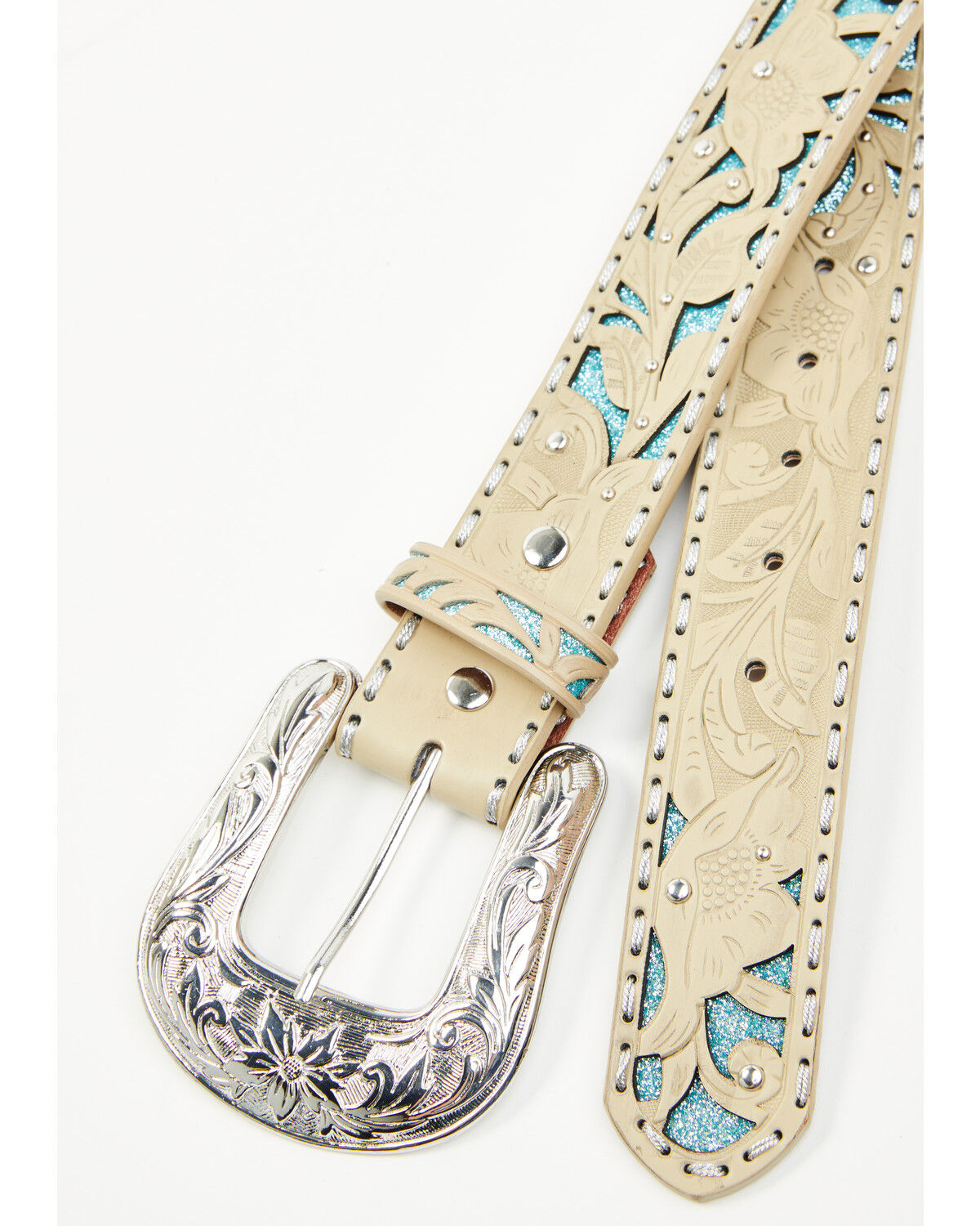 Image #3 - Shyanne Women's Glitter Underlay Tooled Belt, Tan, hi-res