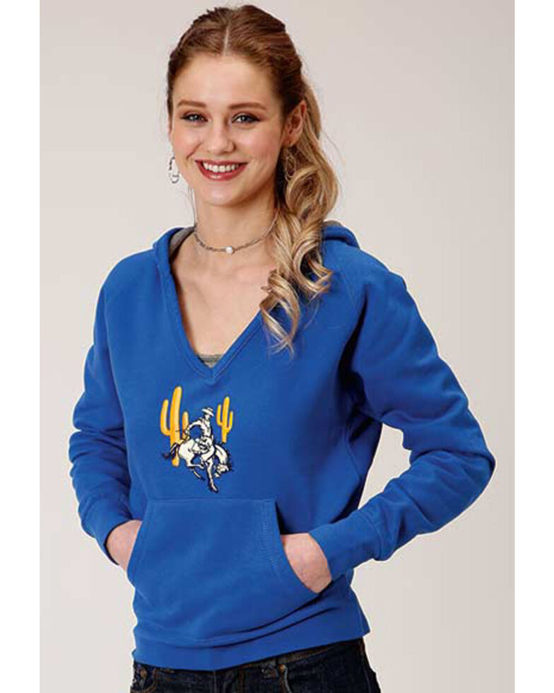 Roper Women's Blue Hooded Bronco Rider & Cactus Pullover Sweatshirt, Blue, hi-res