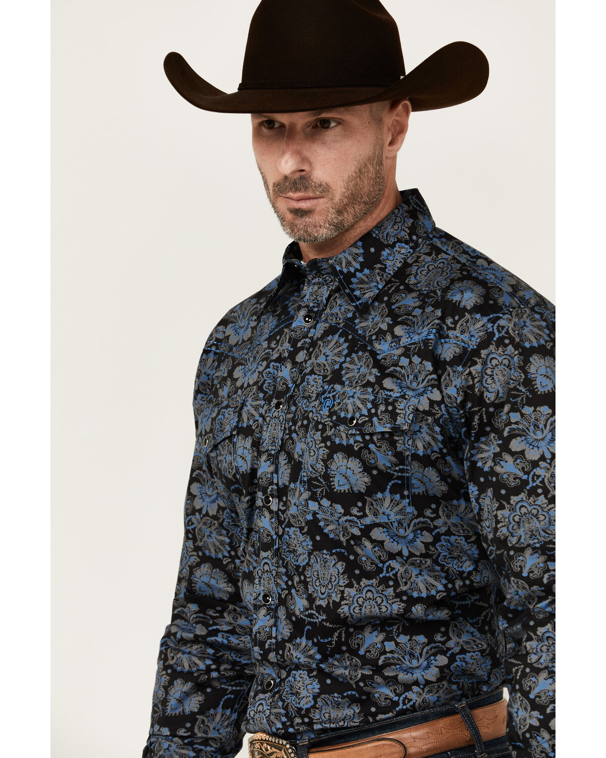 Image #2 - Cowboy Hardware Men's Peacock Paisley Print Long Sleeve Snap Western Shirt, Black, hi-res