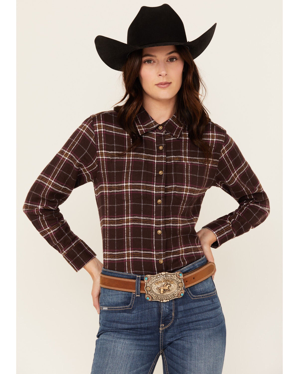 Shyanne Women's Plaid Print Long Sleeve Snap Western Shirt, Chocolate, hi-res