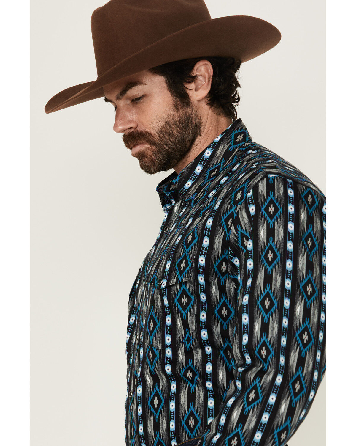 Image #2 - Wrangler Men's Checotah Southwestern Striped Long Sleeve Pearl Snap Western Shirt - Big, Black, hi-res