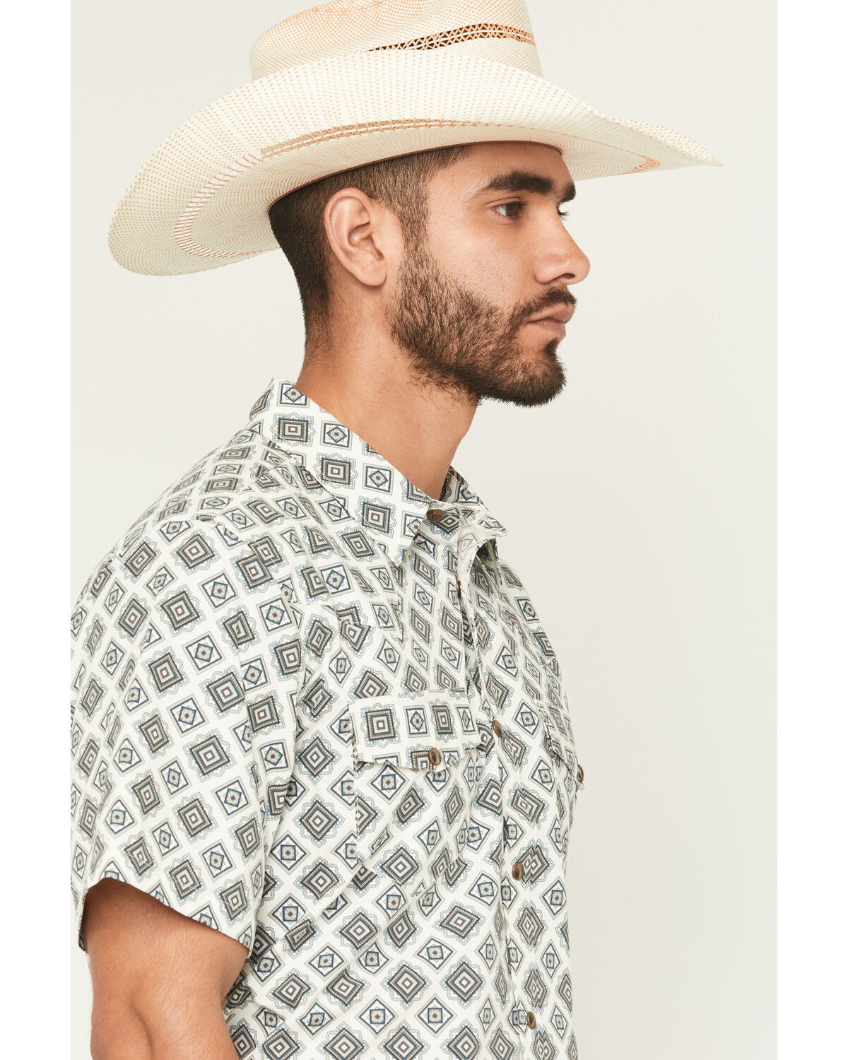 Image #2 - Gibson Trading Co Men's Time Warp Medallion Print Short Sleeve Snap Western Shirt - Big, Ivory, hi-res