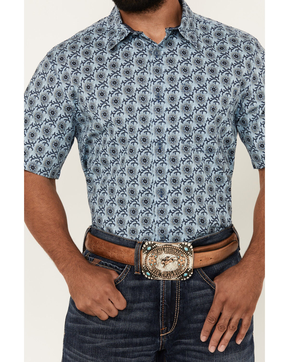 Image #3 - Cody James Men's Sunny Day Floral Medallion Print Short Sleeve Button-Down Stretch Western Shirt, Light Blue, hi-res