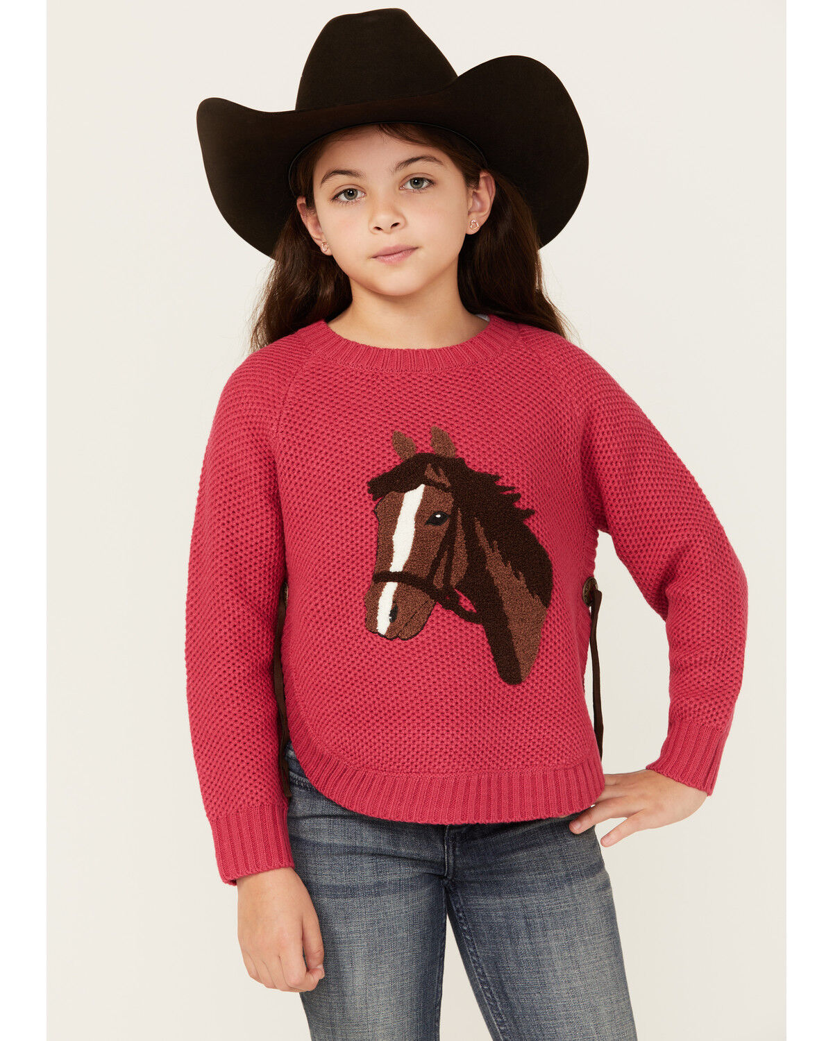 Image #1 - Cotton & Rye Girls' Horse Applique Round Bottom Sweater, Pink, hi-res