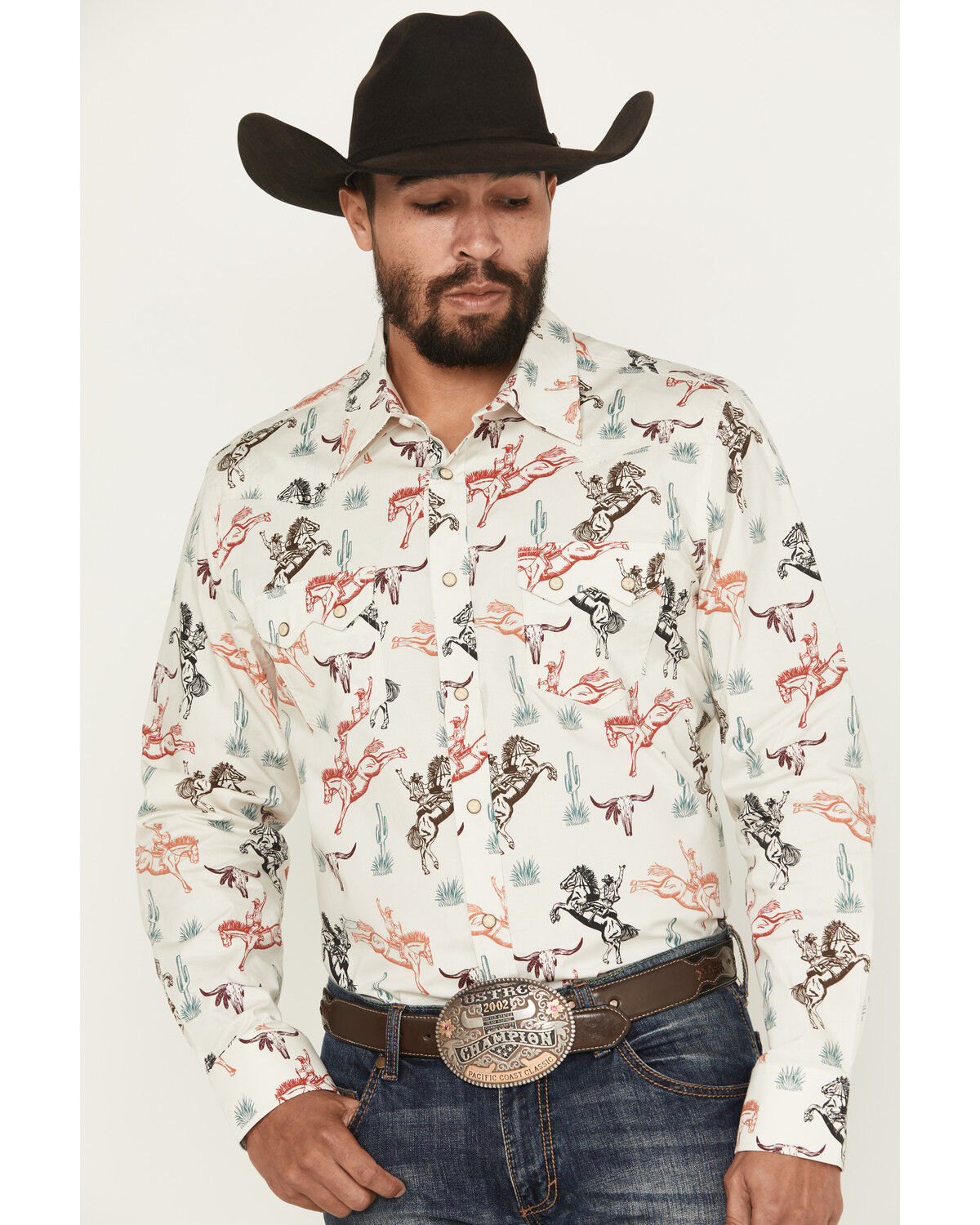 Image #1 - Rock & Roll Denim Men's Bronc Long Sleeve Snap Stretch Western Shirt, Natural, hi-res