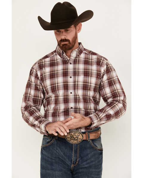 Image #1 - Ariat Men's Adrian Plaid Print Long Sleeve Button-Down Western Shirt , Maroon, hi-res