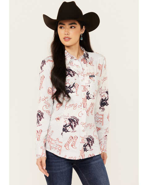 Image #1 - Wrangler Retro Women's Rodeo Print Long Sleeve Snap Western Shirt , Light Blue, hi-res