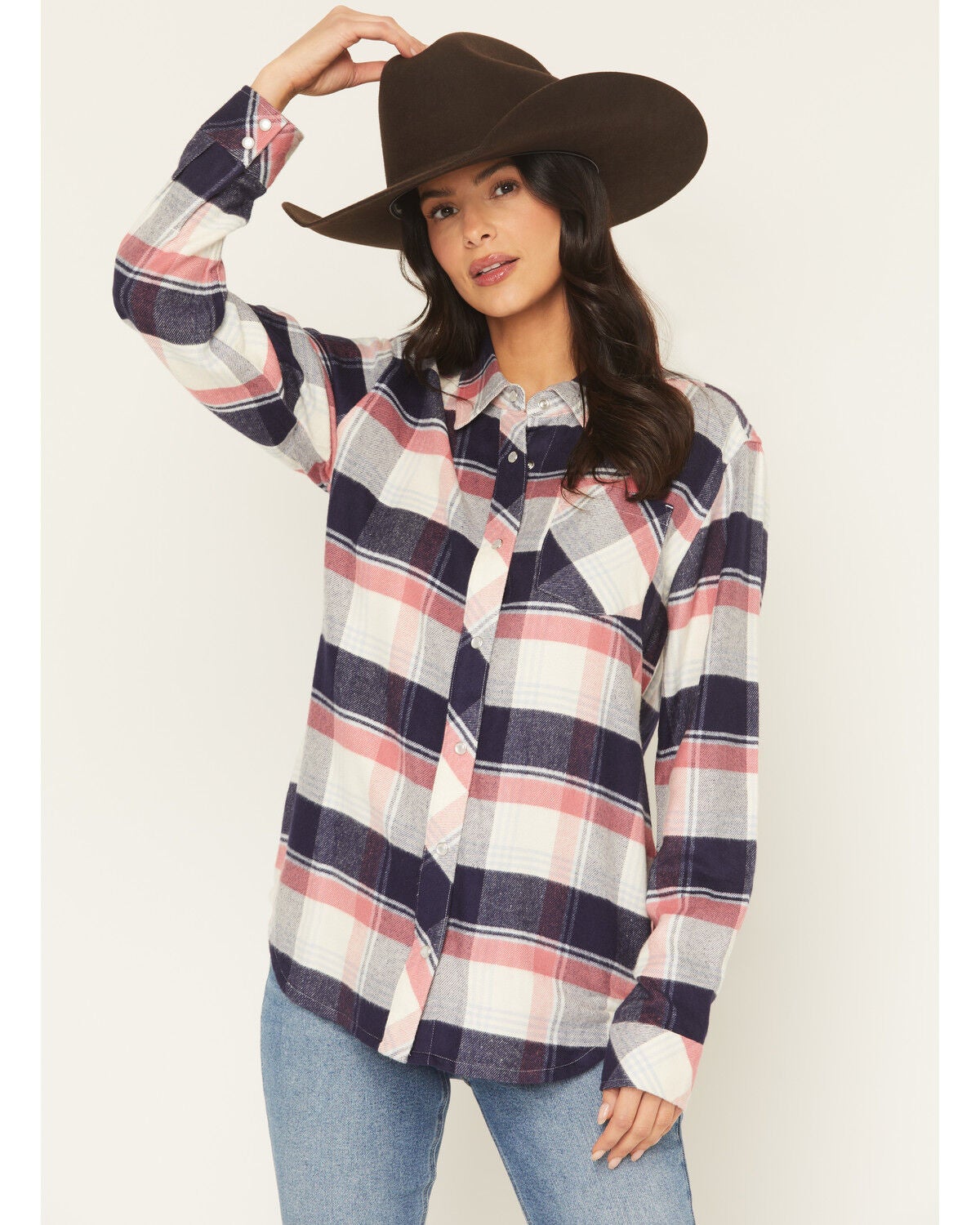 Idyllwind Women's Skip Jack Plaid Print Long Sleeve Snap Flannel Shirt, Indigo, hi-res
