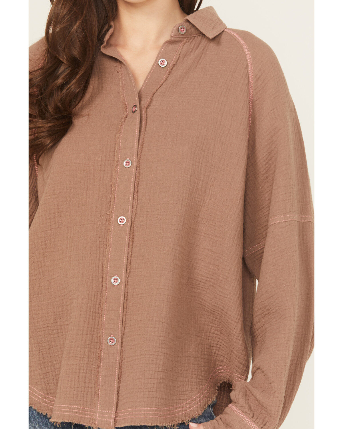 Image #3 - Cleo + Wolf Women's Oversized Long Sleeve Button-Down Gauze Western Shirt, Taupe, hi-res