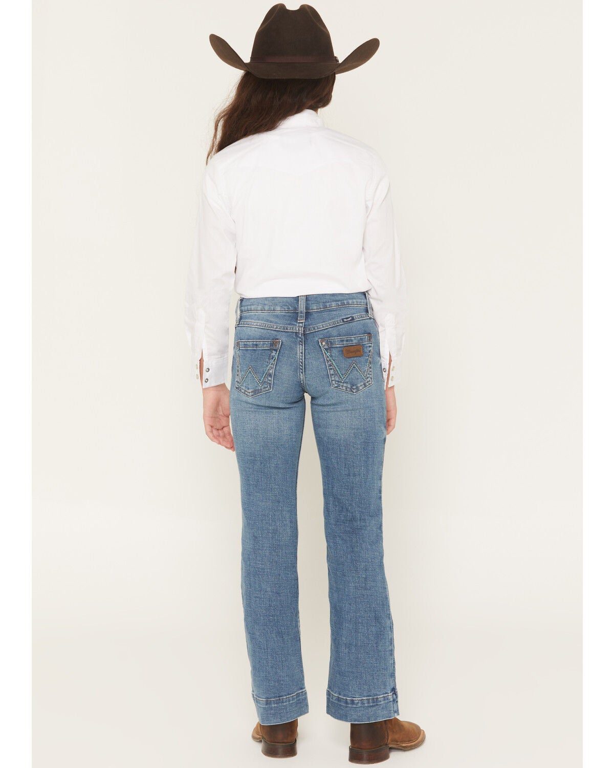 Image #3 - Wrangler Girls' Embroidered Trouser Stretch Denim Jeans, Blue, hi-res