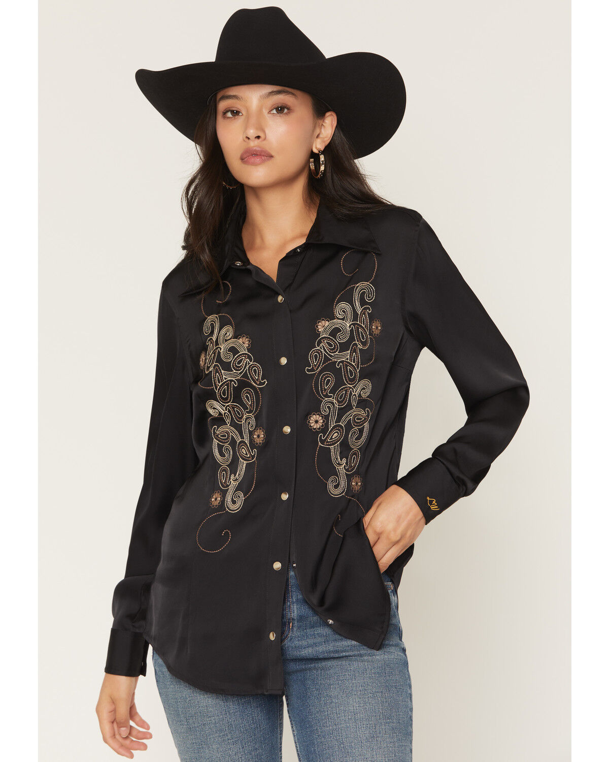 Image #1 - Wrangler X Lainey Wilson Women's Paisley Embroidered Long Sleeve Snap Satin Western Shirt, Black, hi-res