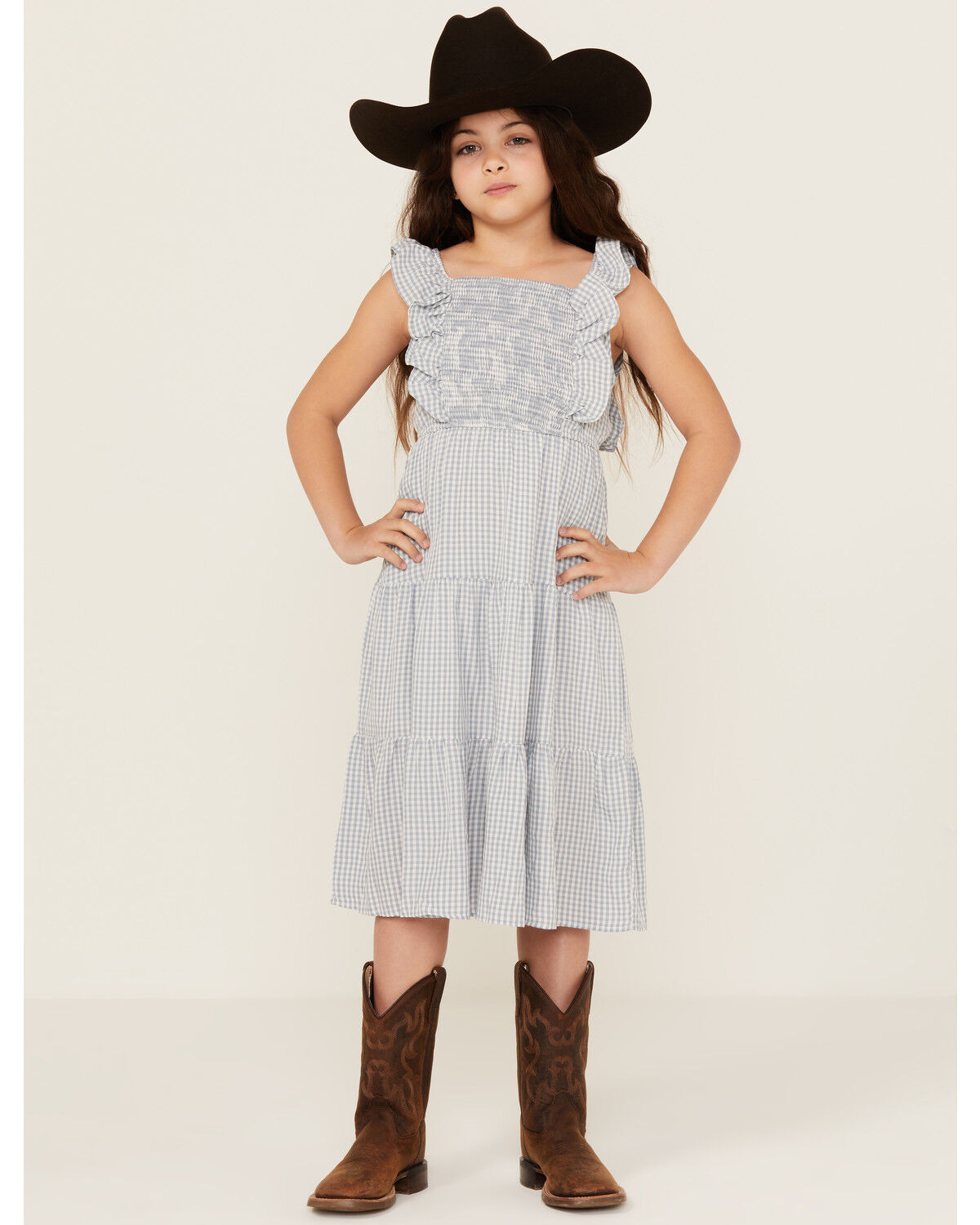 Image #1 - Hayden LA Girls' Gingham Print Puff Sleeve Midi Dress, Blue, hi-res