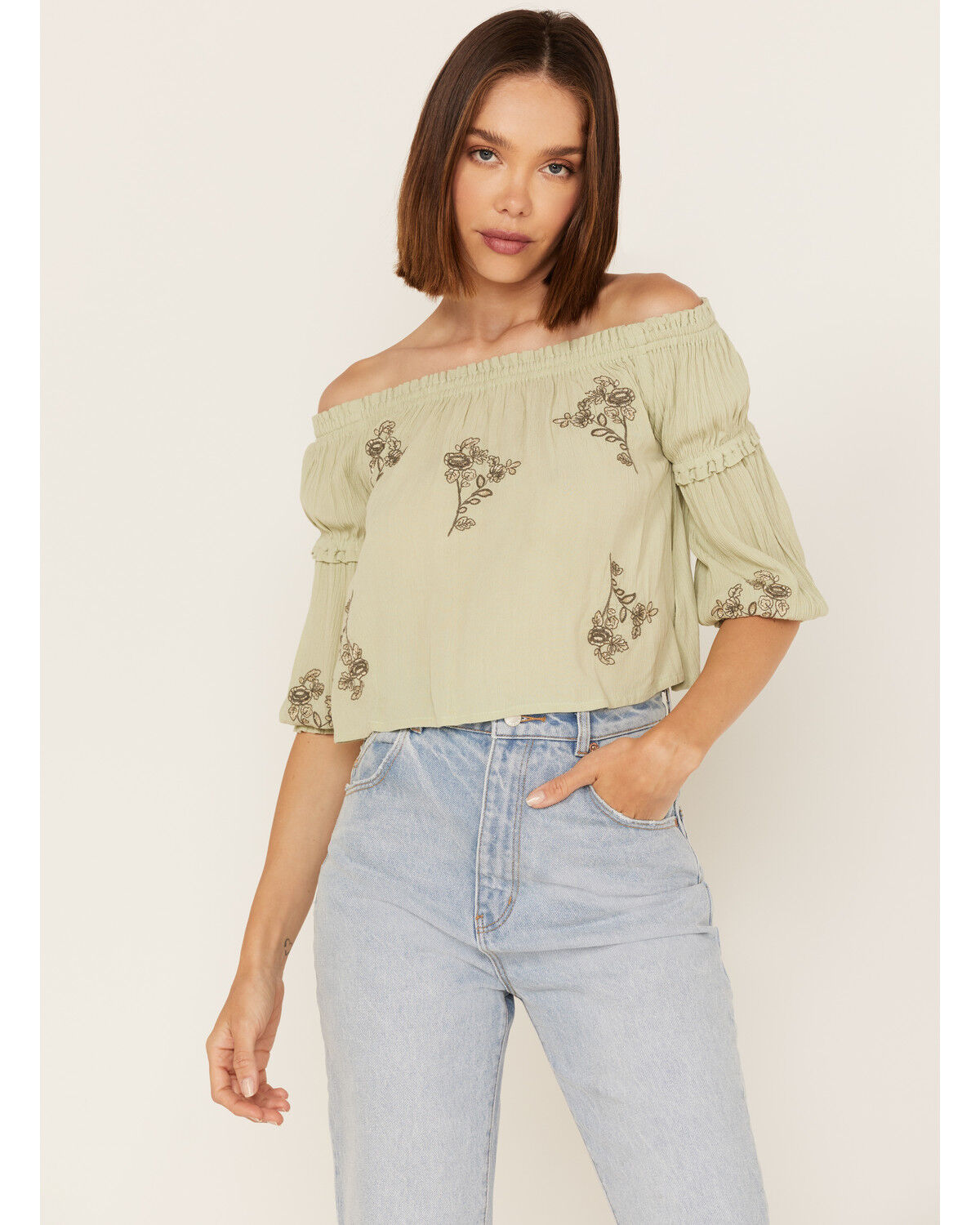 Image #1 - Shyanne Women's Floral Embroidered Off Shoulder Crop Top, Seafoam, hi-res