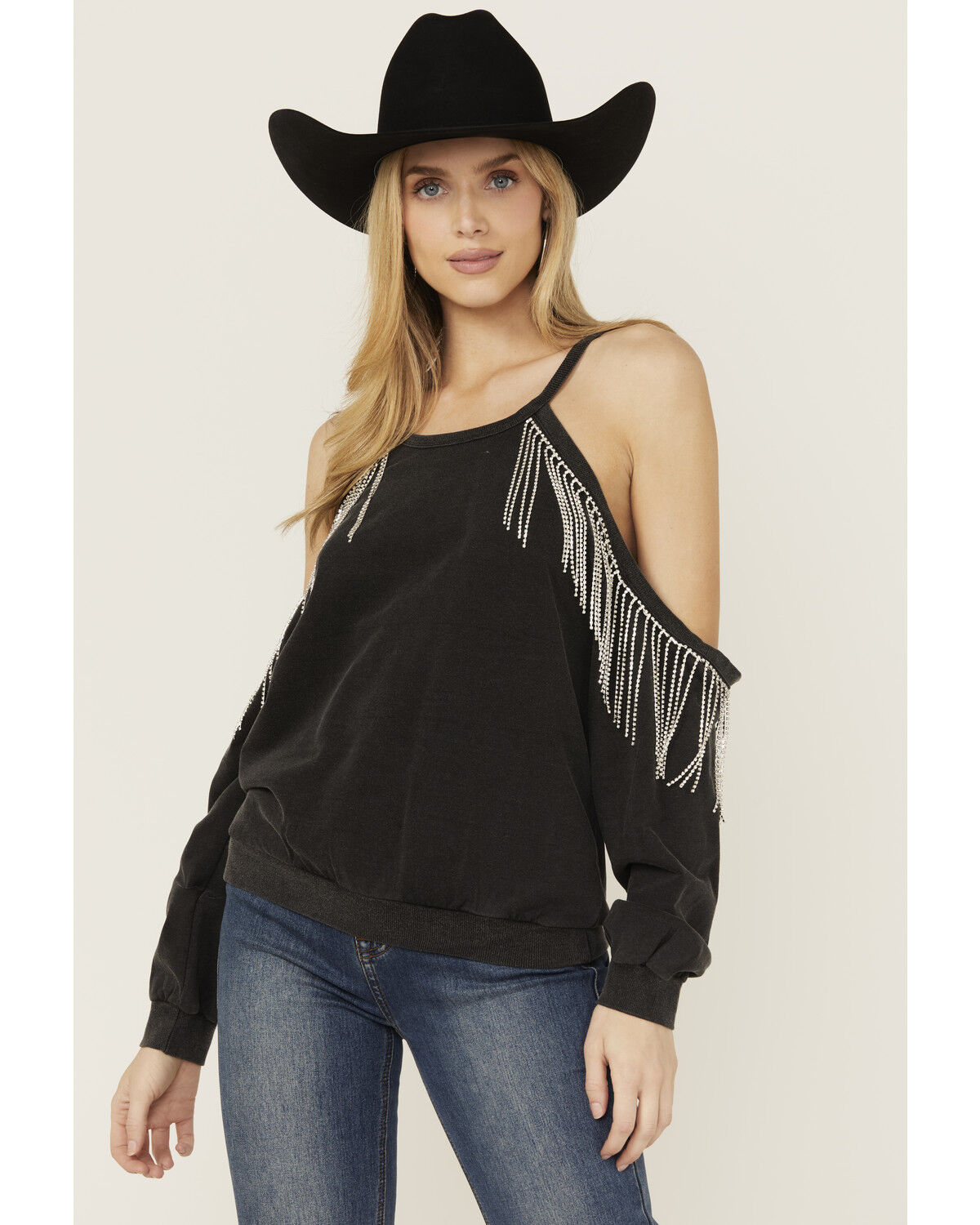 Image #1 - Blue B Women's Rhinestone Fringe Cold Shoulder Sweatshirt, Black, hi-res