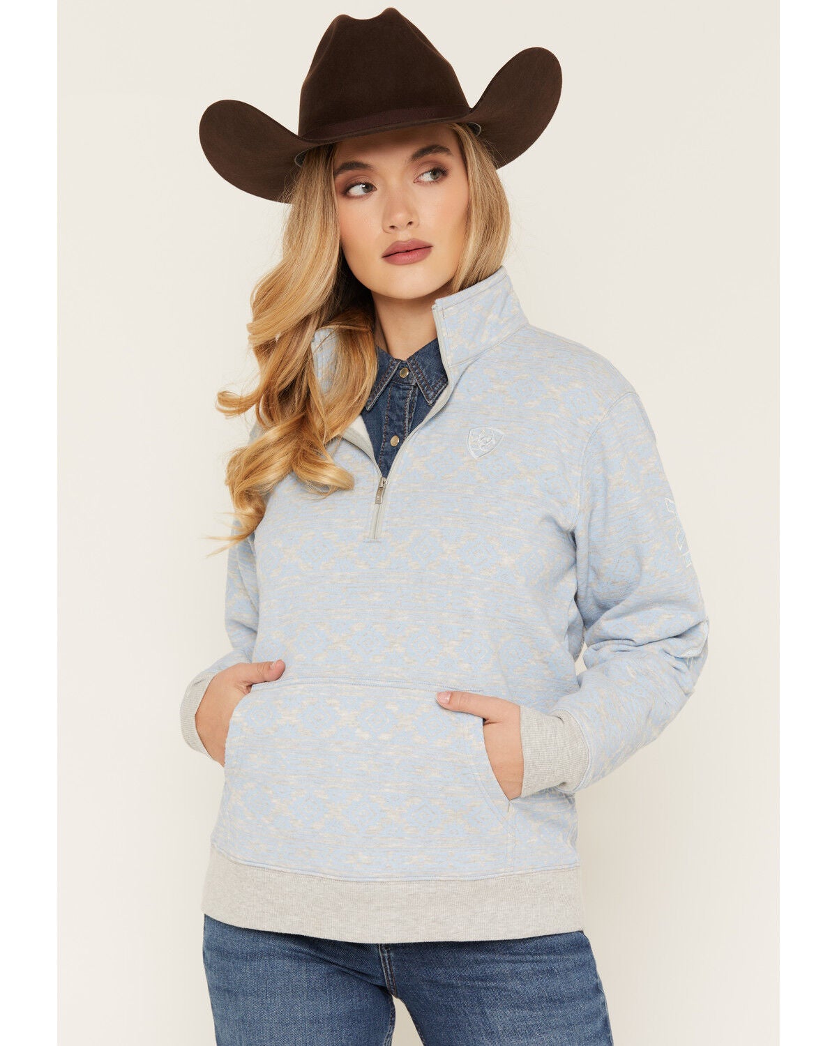 Image #1 - Ariat Women's Boot Barn Exclusive Southwestern Print 1/4 Zip Pullover, Blue, hi-res