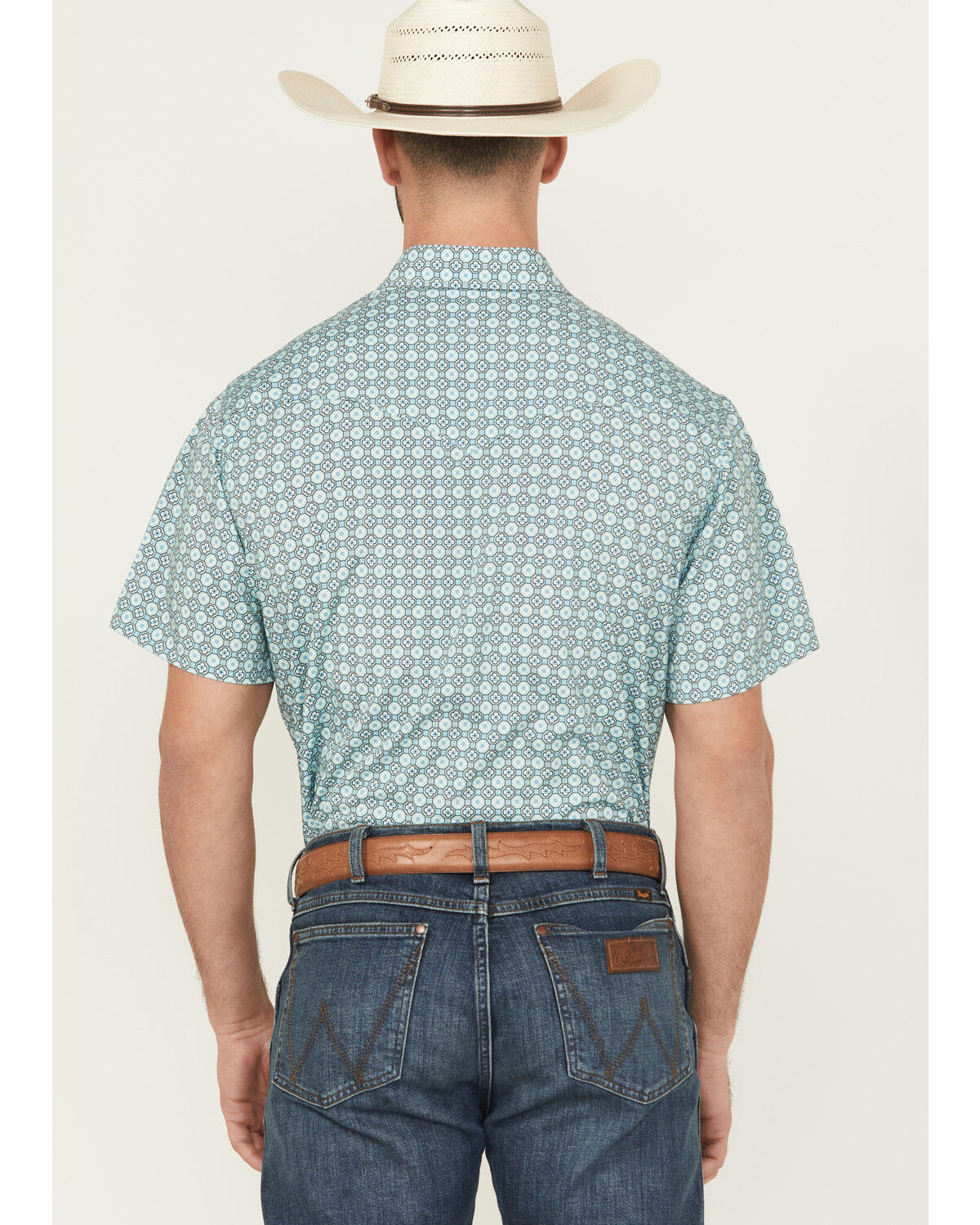 Image #4 - Rodeo Clothing Men's Geo Print Short Sleeve Pearl Snap Western Shirt, Aqua, hi-res