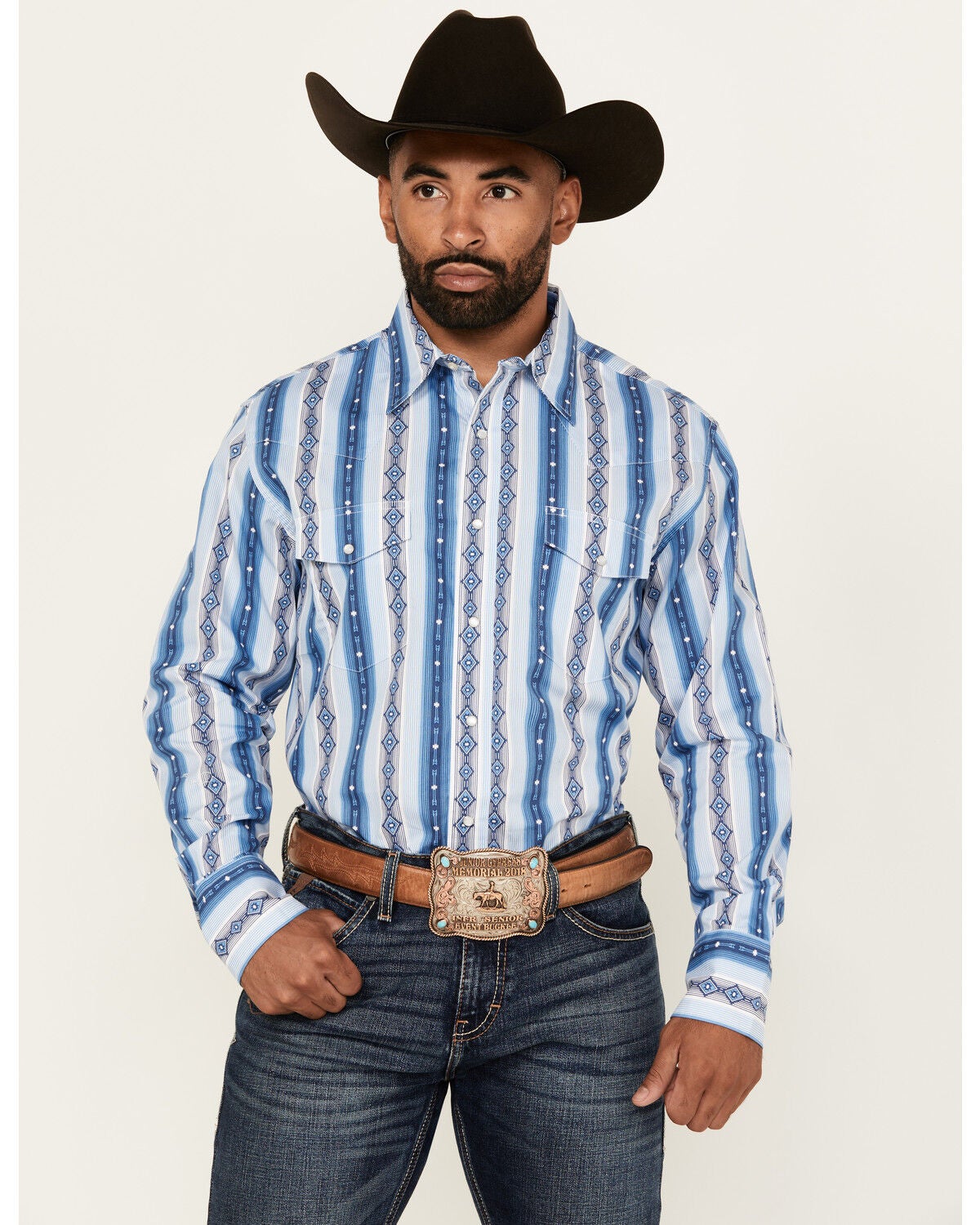 Wrangler Men's Checotah Southwestern Print Long Sleeve Snap Western Shirt, Blue, hi-res