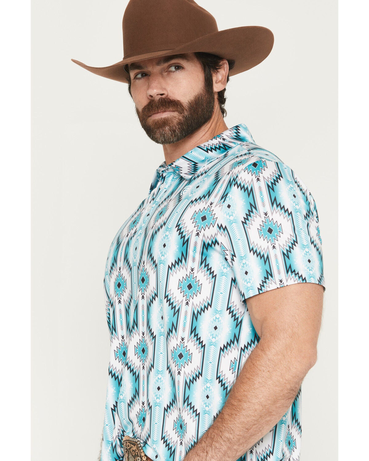 Image #2 - Rock & Roll Denim Men's Dale Brisby Southwestern Print Short Sleeve Button-Down Polo, Turquoise, hi-res