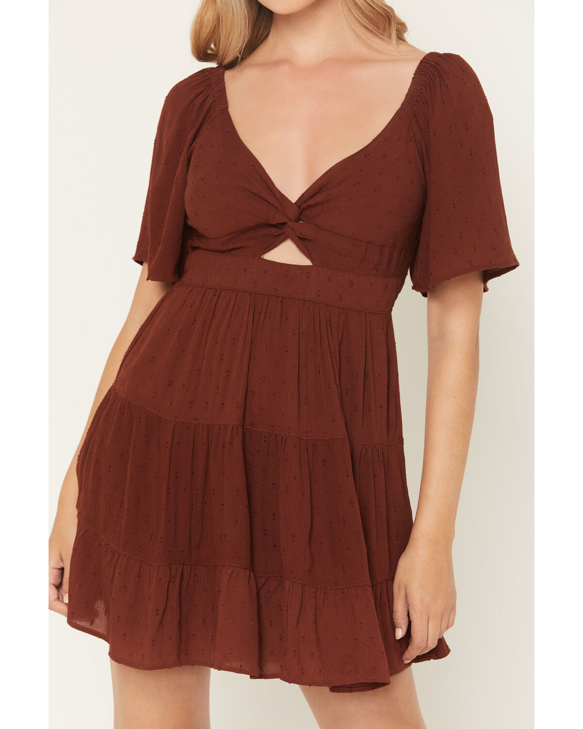 Image #3 - Angie Women's Swiss Dot Short Sleeve Mini Dress, Brown, hi-res