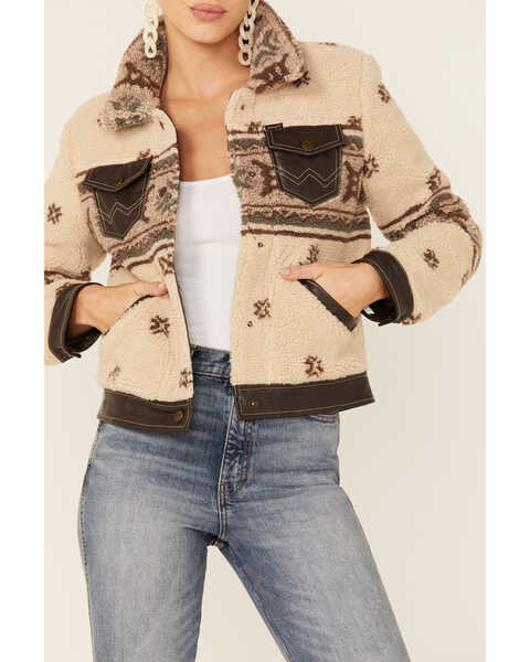 Image #2 - Wrangler Women's Tan Shearling & Stamped Leather Southwestern Jacket , Tan, hi-res