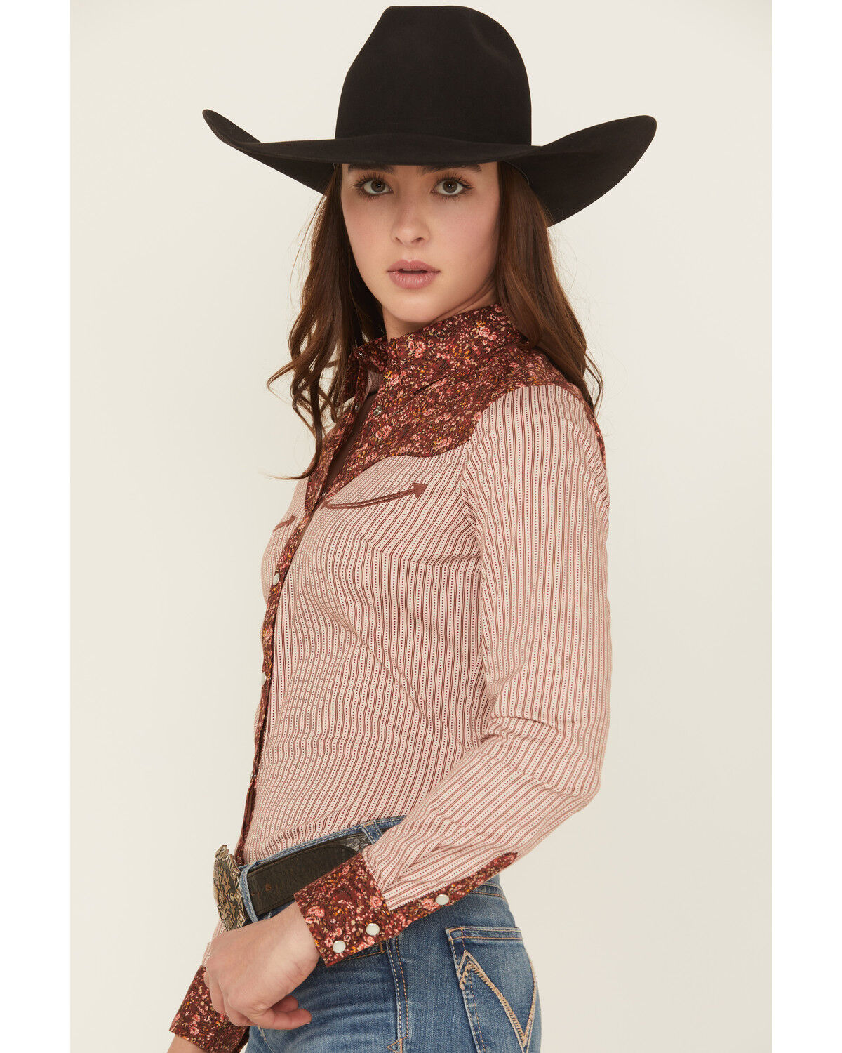 Image #2 - Shyanne Women's Striped And Floral Print Long Sleeve Snap Stretch Western Shirt, Light Pink, hi-res