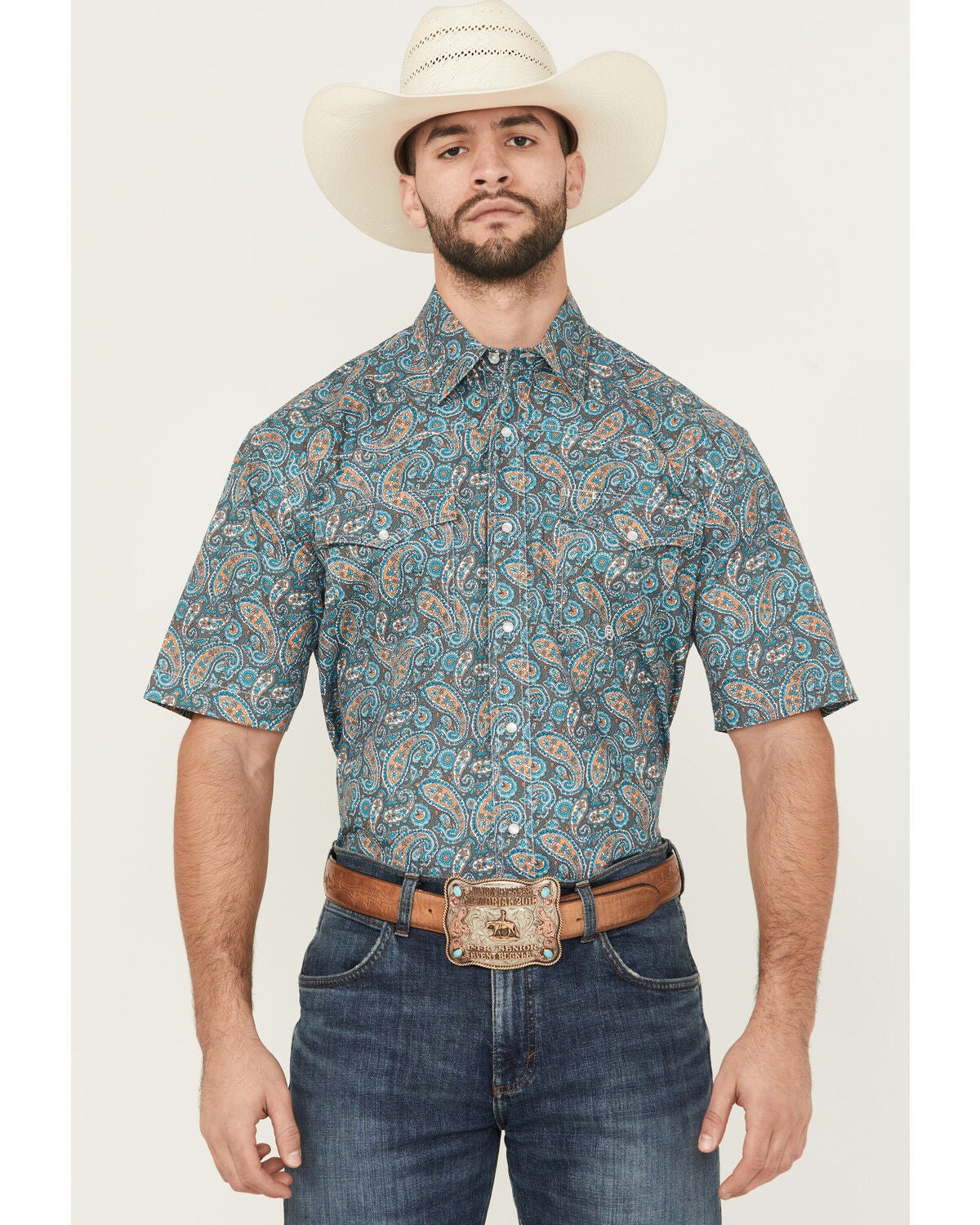 Roper Men's Amarillo Paisley Print Short Sleeve Snap Western Shirt, Turquoise, hi-res