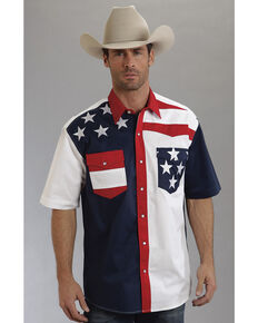 Roper Americana Collection Men's Stars and Stripes Print Short Sleeve Western Shirt, Patriotic, hi-res