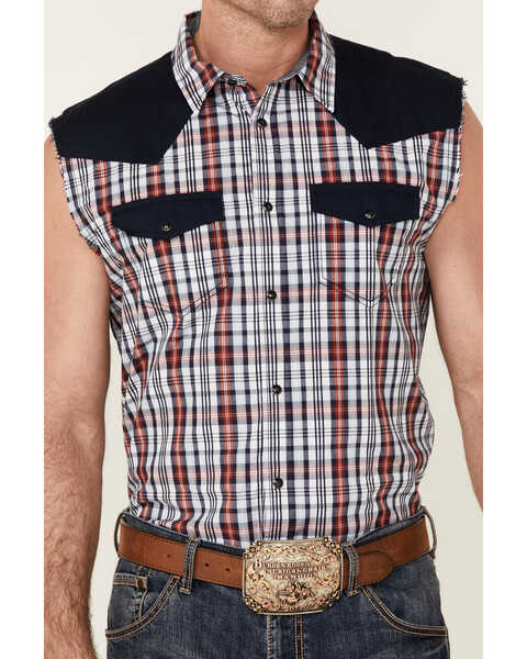 Image #3 - Cody James Men's Anthem Plaid Print Bubba Sleeveless Snap Western Shirt  , White, hi-res