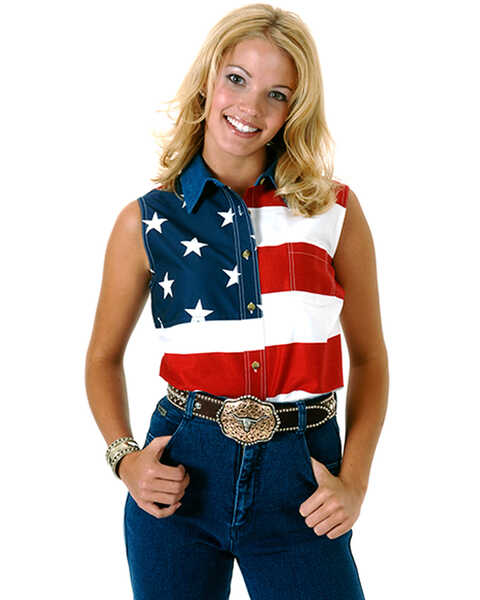 Image #1 - Roper Women's Sleeveless American Flag Western Shirt - Plus, Patriotic, hi-res