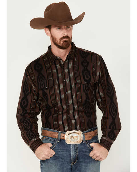 Image #1 - Scully Men's Jacquard Southwestern Stripe Long Sleeve Snap Shirt, Brown, hi-res