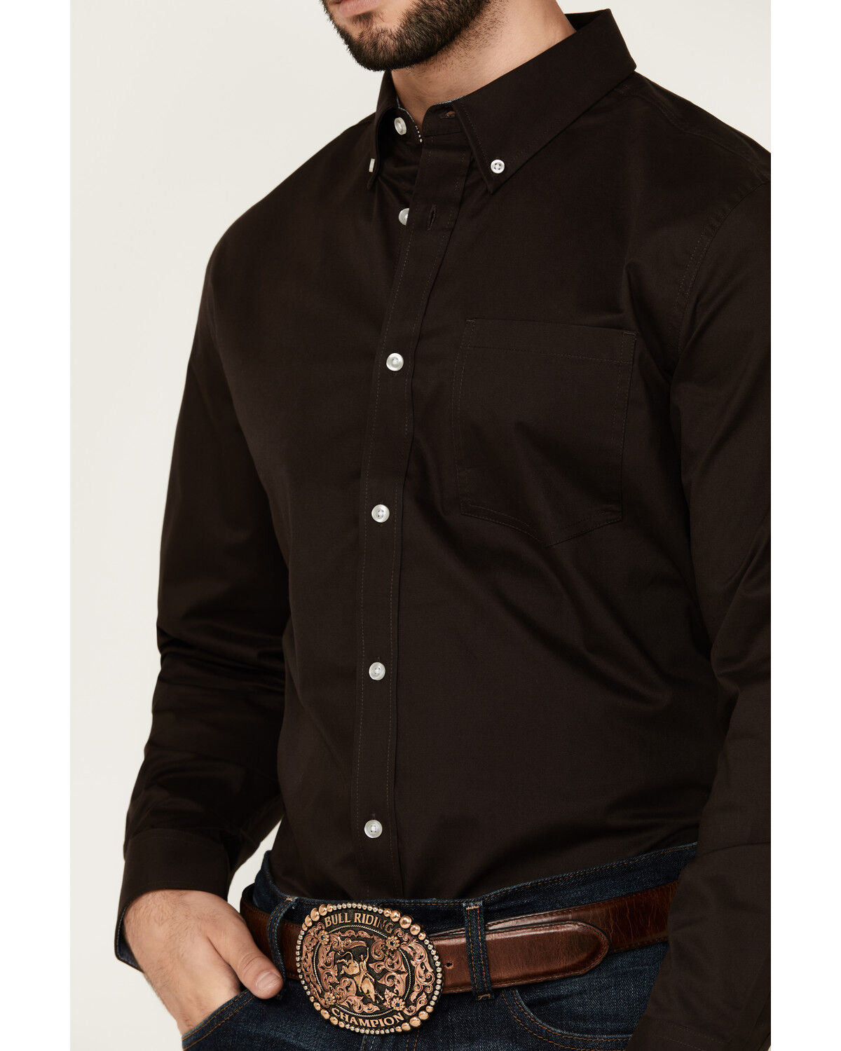 Image #3 - Cody James Men's Basic Solid Long Sleeve Button-Down Stretch Western Shirt, Brown, hi-res